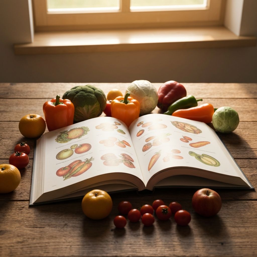 Open book with fresh vegetables around it