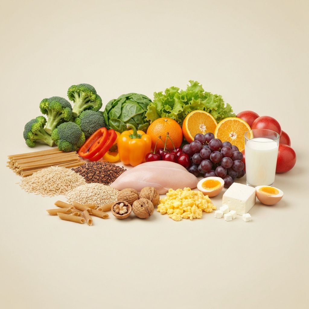 Display of various food groups including vegetables, fruits, grains, proteins, and dairy