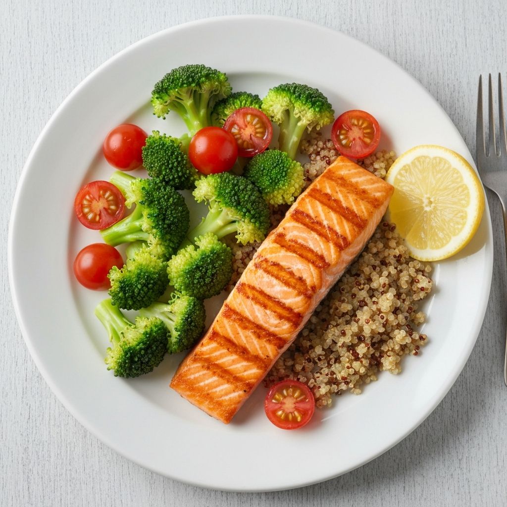 Balanced meal on a plate with vegetables, proteins, and grains